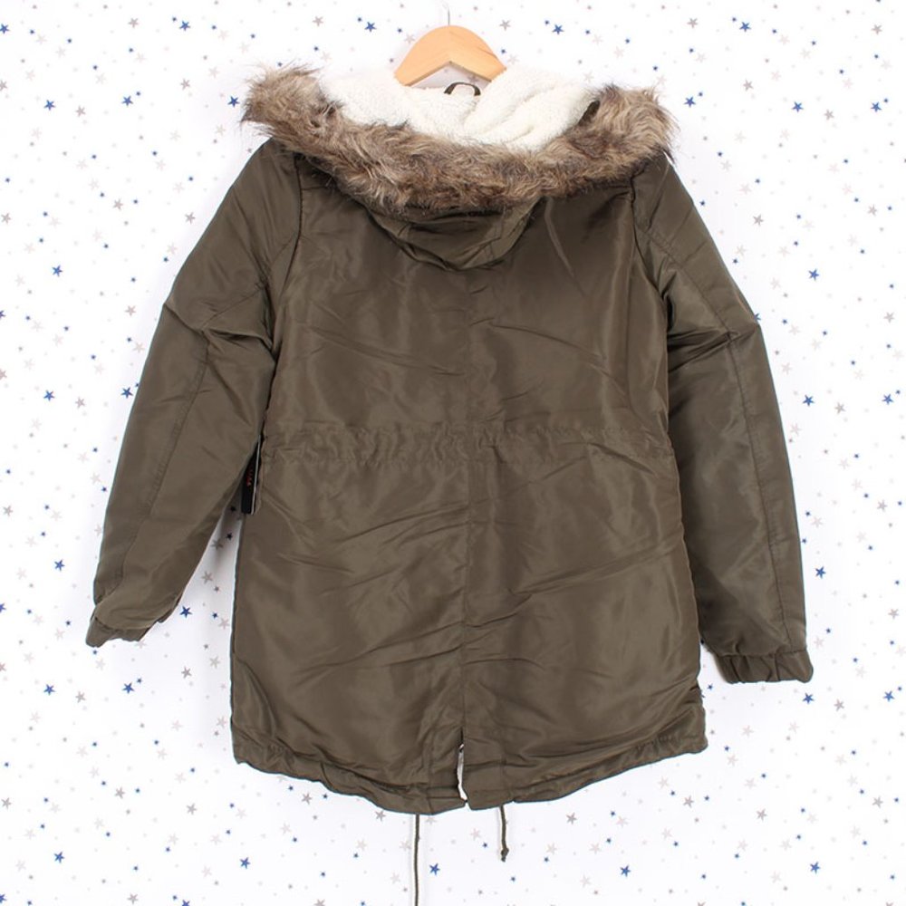 Olive Faux Fur Hooded Sherpa Lined Jacket - Picture 3 of 11